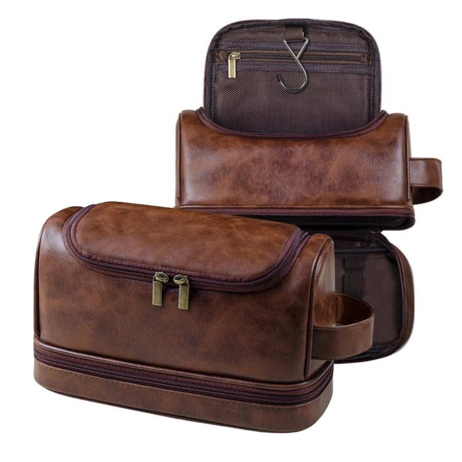 Trousse De Toilette De Voyage Homme En Faux Cuir Noir, Avec Séparateur Et Poignée (28x15x18cm)
