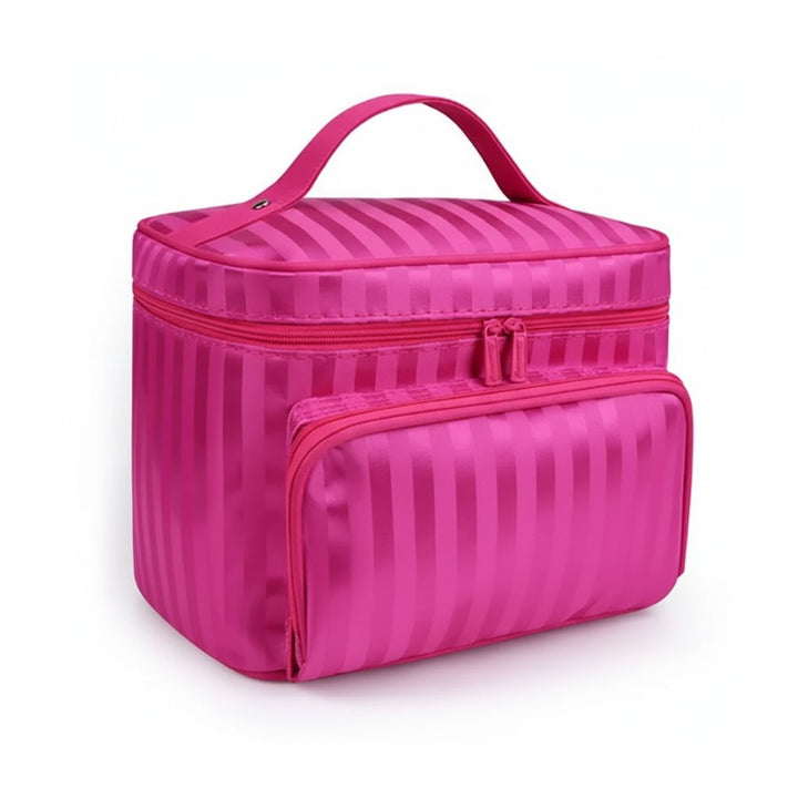 Grand vanity souple femme rose fuchsia à rayures, format spacieux pour produits de beauté