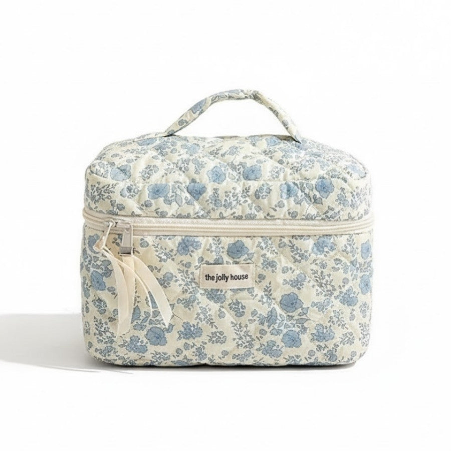 Grande Trousse De Toilette Voyage Avec Miroir - 25x15x16cm, Coton, Motif Fleuri, Poche Mesh, Double Fermeture