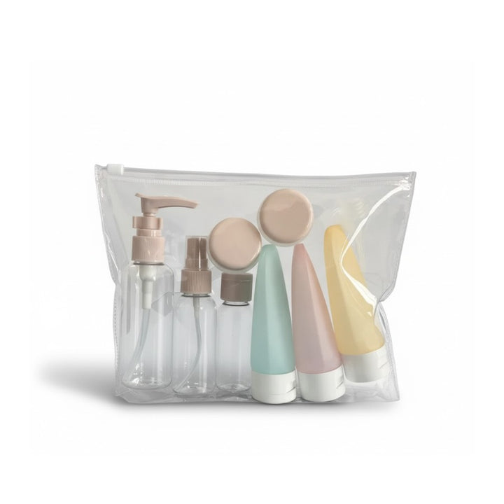 Kit Trousse de toilette - Voyage Avion - Bleu/rose/jaune sur fond blanc