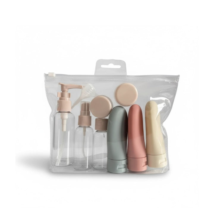 Kit Trousse de toilette - Voyage Avion - Gris/rouge/beige fond blanc