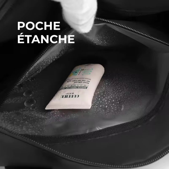 Poche étanche du petit sac de voyage homme, compartiment imperméable pour trousse de toilette ou linge humide.