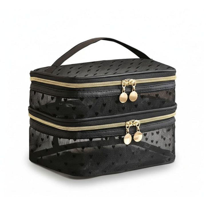 Petit vanity femme noir avec détails dorés – format compact pour voyager
