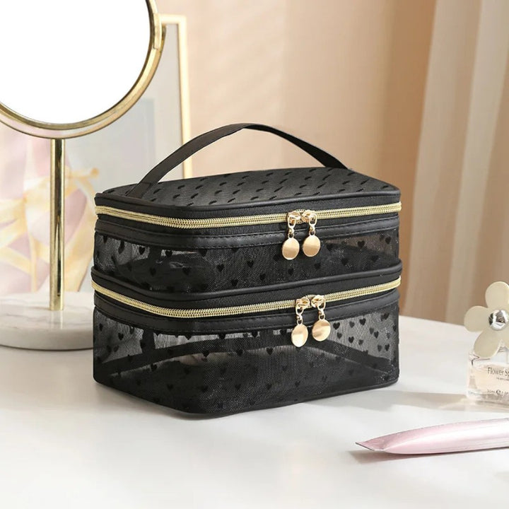 Petit vanity femme noir double compartiment sur une coiffeuse – idéal pour les voyages