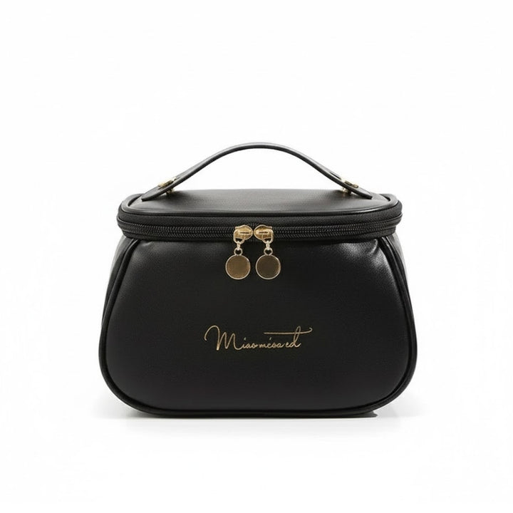 Petit Vanity Maquillage - Simili Cuir Souple avec Compartiments couleur noir, inscriptions dorées