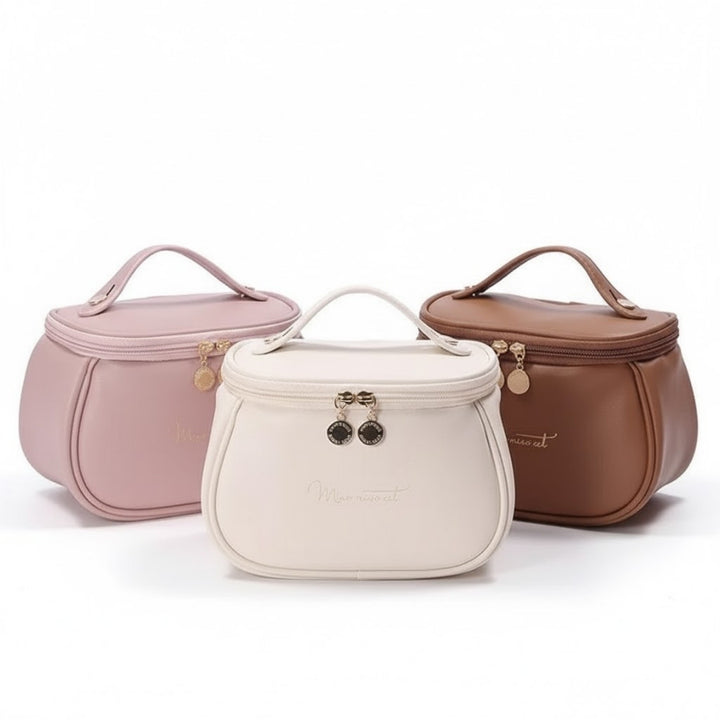 Petit Vanity Maquillage - Simili Cuir Souple avec Compartiments trio rose, crème et marron