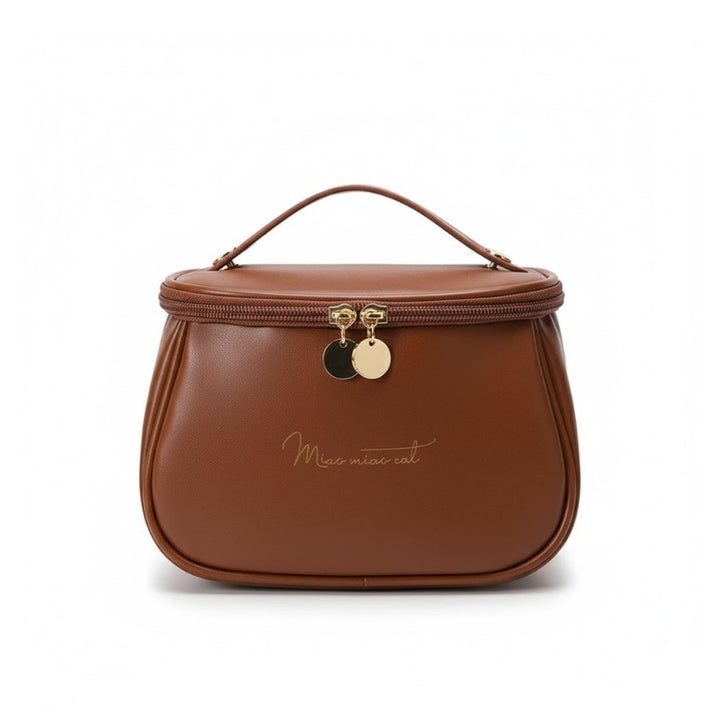 Petit Vanity Maquillage - Simili Cuir Souple avec Compartiments couleur marron, inscriptions dorées