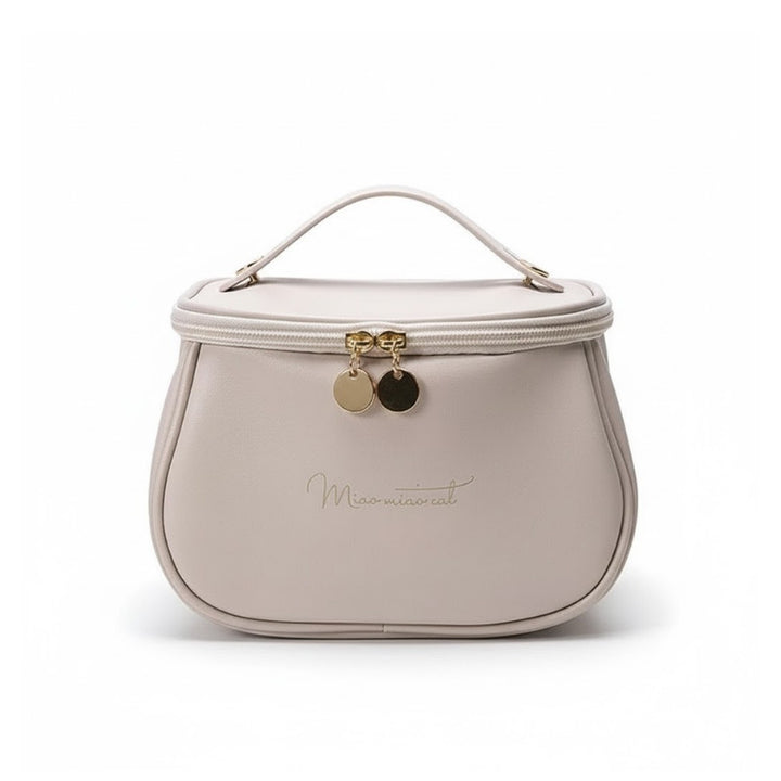 Petit Vanity Maquillage - Simili Cuir Souple avec Compartiments couleur beige / crème, inscriptions dorées