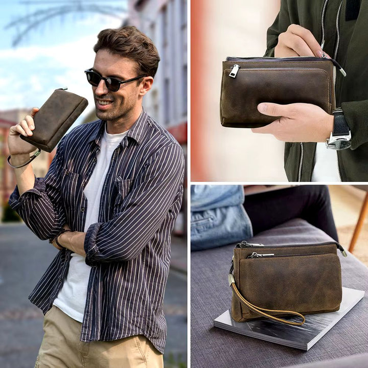 Pochette à main <br> pour homme en cuir café