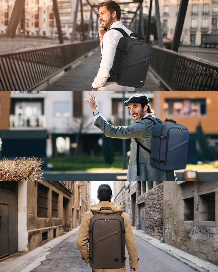 Sac à Dos 40/20/25 - Bagage KONO, 3 coloris, porté sur le dos de 3 hommes