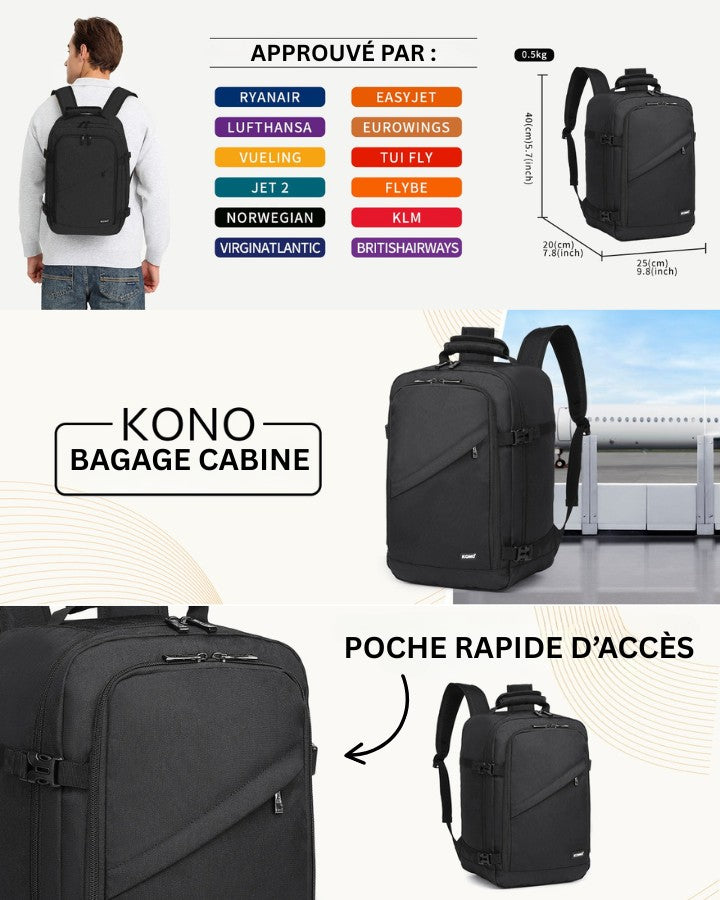 Sac à Dos 40/20/25 - Bagage KONO, approuvé par les compagnies aériennes