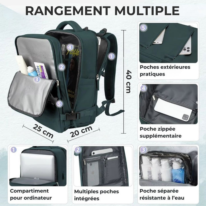 Sac à Dos 40 x 20 x 25 cm, rangement multiple, compartiment ordinateur portable, poches, poche waterproof, multiples poches