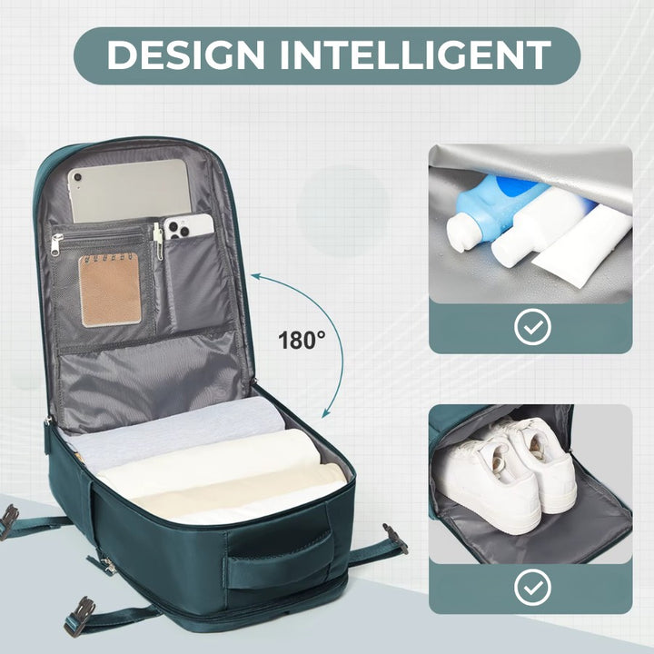 Sac à Dos 40 x 20 x 25 cm design intelligent avec ouverture type valise à 180°, poche a chaussures et poche imperméable