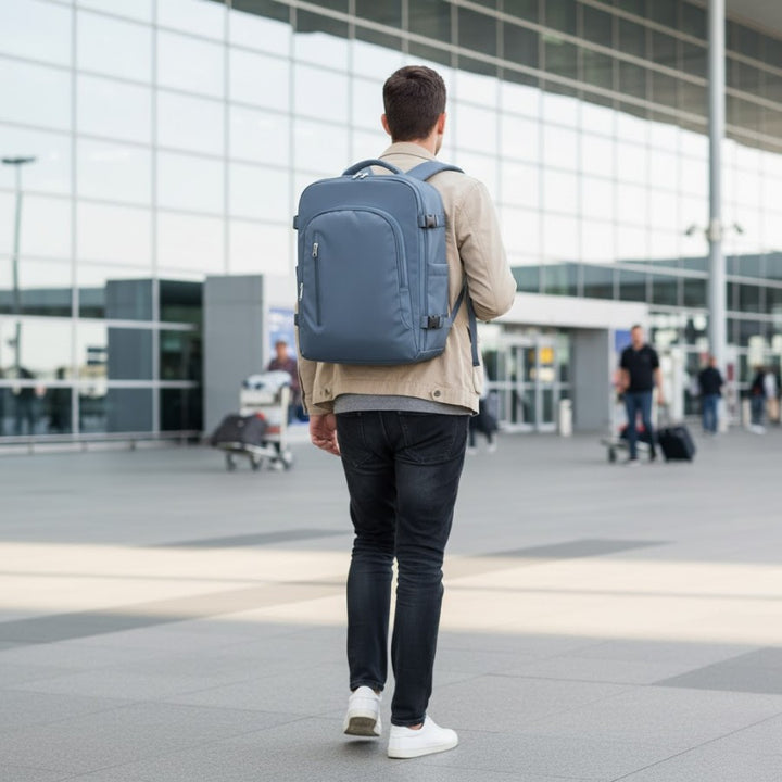 Voyageur homme portant un Sac à Dos 45 x 36 x 20 cm EasyJet bleu gris à l’aéroport, format cabine pratique.