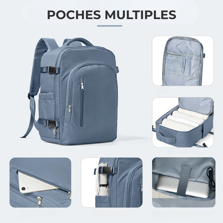 Compartiments du Sac à Dos Cabine 40x20x25, grande ouverture et poches filet.