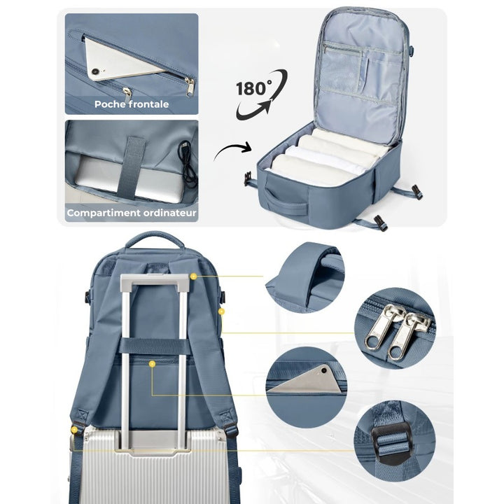 Intérieur du Sac à Dos Cabine 40x20x25 avec poches multiples et rangements pratiques.