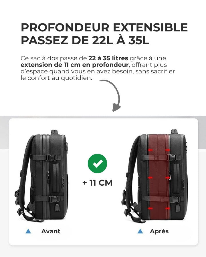 sac à dos compressible extensible de 22 à 35 litres avec +11 cm de profondeur