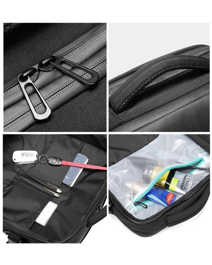 détails premium du sac à dos compressible zips poignée sangle porte-clés et poche filet
