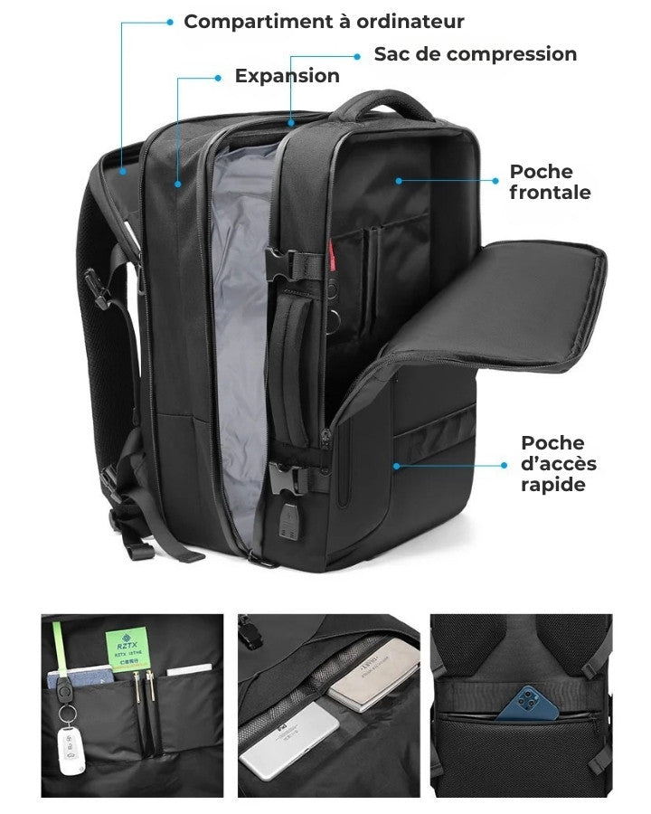 organisation interne du sac à dos compressible avec compartiment ordinateur et sac de compression