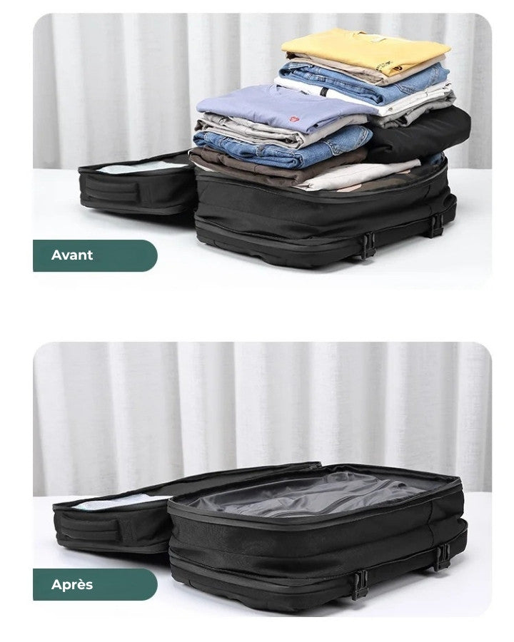 avant après compression des vêtements dans le sac à dos compressible