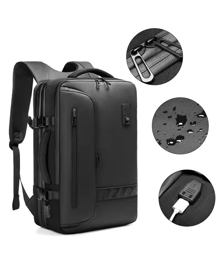 Sac à dos compressible détails, port usb, fermeture éclair étanche, revêtement imperméable