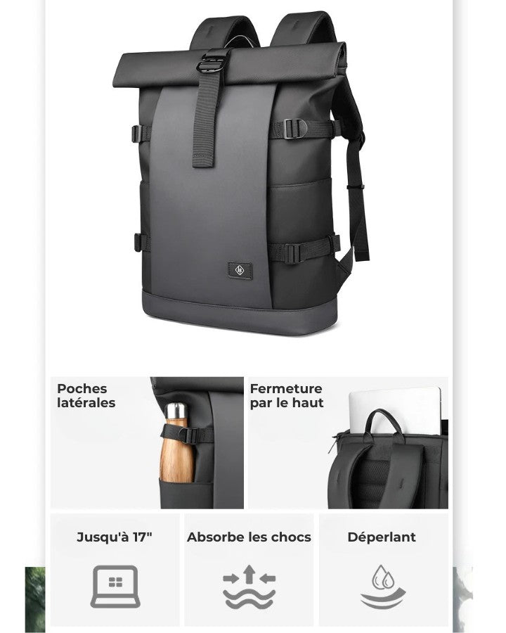 Sac à Dos avec Fermeture à Enroulement, extensible en hauteur de 17 cm, passant de 18 à 25 litres