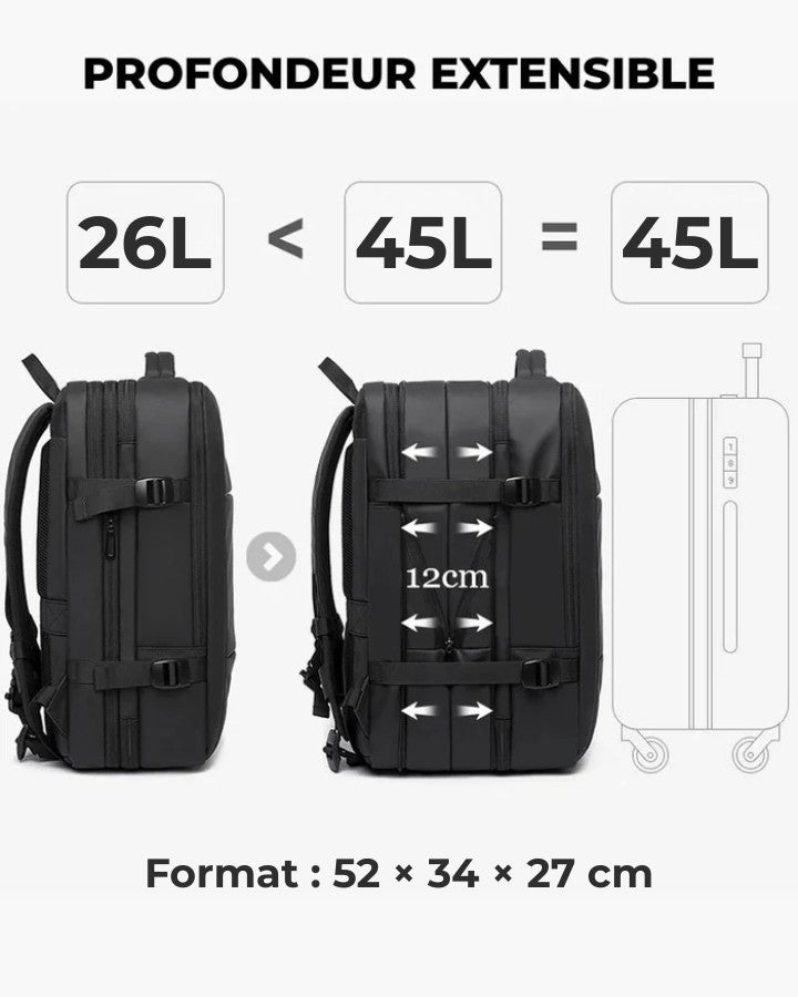Sac à Dos Modulable - Format Voyage Bagage Cabine format 52 x 34 x 27 cm, extension de 26 à 45 litres, profondeur + 12 cm