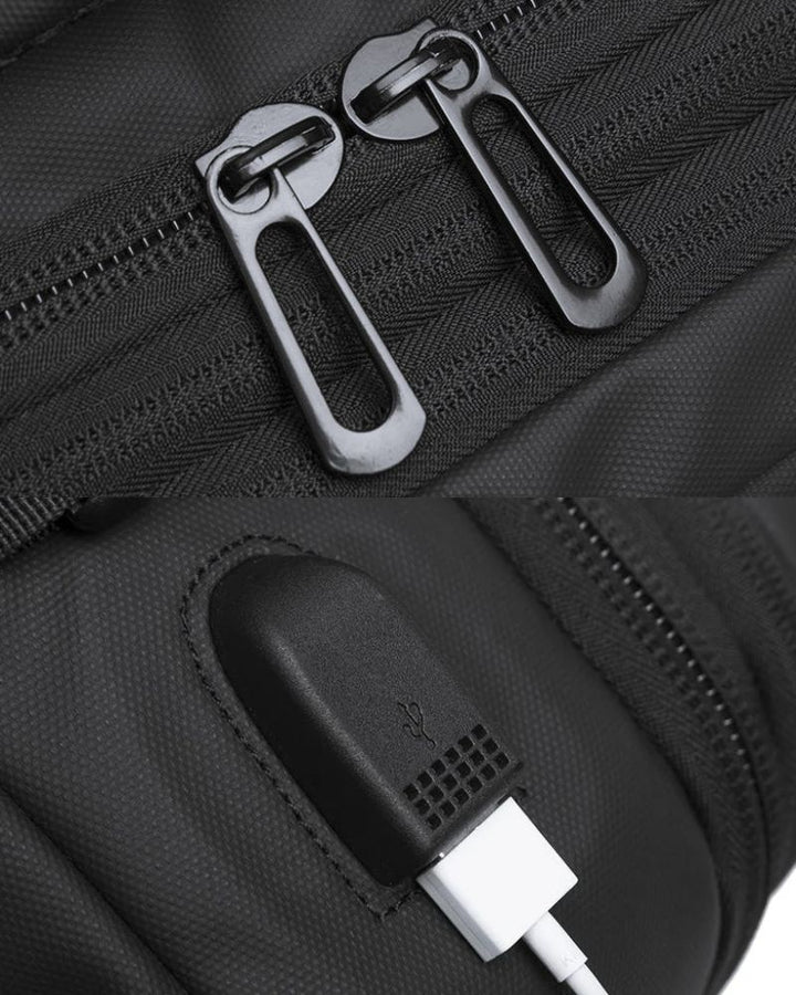 Sac à Dos Modulable - Format Voyage Bagage Cabine détails fermeture éclair et port usb