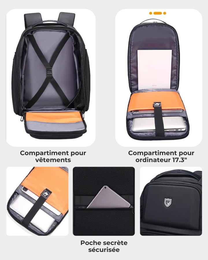 Sac à Dos de Voyage pour Ordinateur Portable, compartiment ordinateur 17.3", tablette, vêtements et poche sécurisé au dos