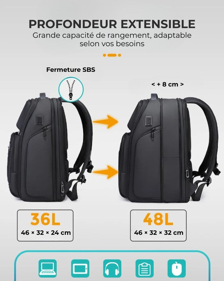 Sac à Dos de Voyage pour Ordinateur Portable, Profondeur extensible de 8 cm : 46 × 32 × 24 cm à 46 × 32 × 32 cm (36 litres à 48 litres), Grande capacité de rangement, adaptable selon vos besoins, fermeture SBS.