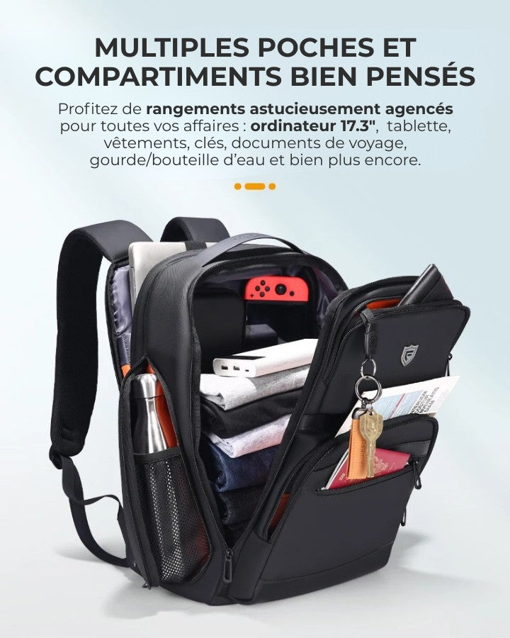 Sac à Dos de Voyage pour Ordinateur Portable, multiples compartiments et poches bien pensés : Profitez de rangements astucieusement agencés pour toutes vos affaires : ordinateur 17.3", tablette, vêtements, clés, documents de voyage, gourde/bouteille d’eau et bien plus encore.