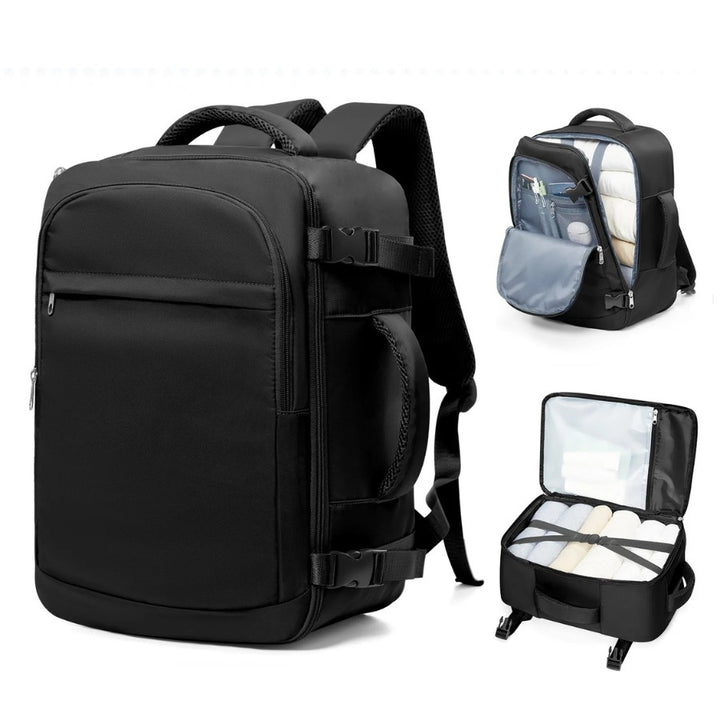 Sac à dos voyage 40 x 30 x 20 cm noir posé debout, format compact conforme bagage cabine avion.