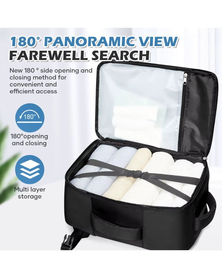 Intérieur du sac à dos voyage 40 x 30 x 20 cm ouvert à plat à 180°, organisation pratique pour vêtements et accessoires.