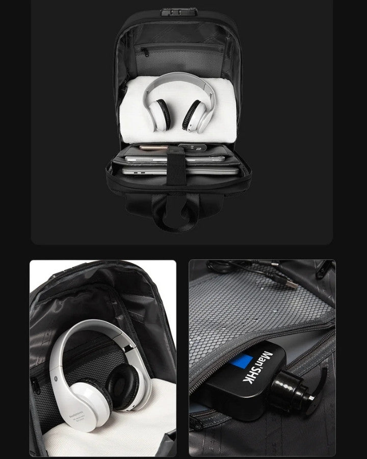 intérieur spacieux du sac à dos BANGE pour casque, tablette et accessoires