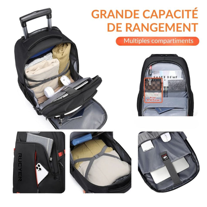 Sac à dos de voyage à roulettes multicompartiments