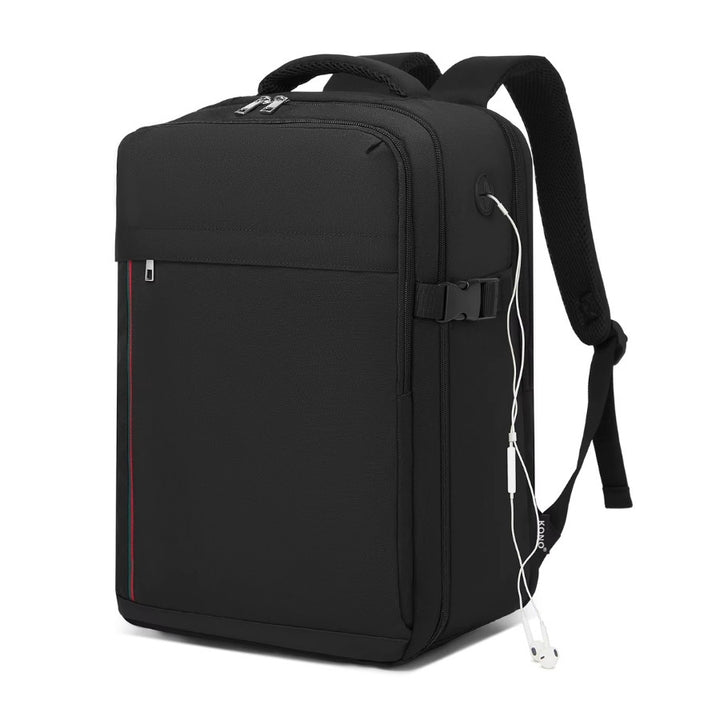 sac cabine sac à dos 40 x 20 x 25 coloris noir avec bande rouge et verte verticale et passage d'écouteur