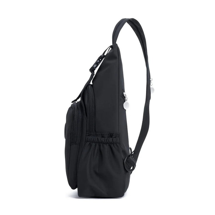 Sac de Poitrine Femme Chic, noir, vue de profile avec poche latérale élastique