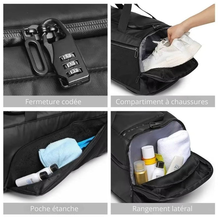 Sac sport convertible sac à dos, avec compartiment chaussures, poche étanche, fermeture avec cadenas à code