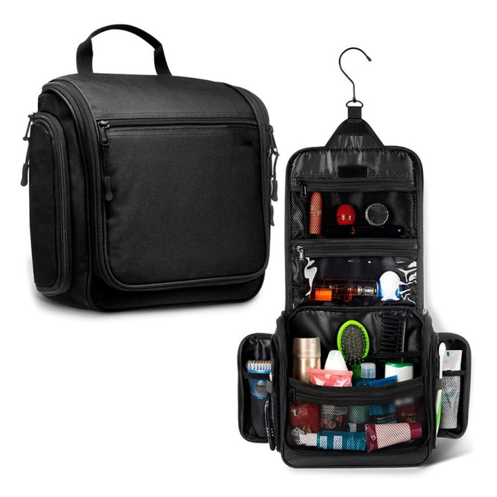 Trousse de toilette avec crochet de suspension noire ouverte et fermée, compartiments multiples pour produits de voyage.