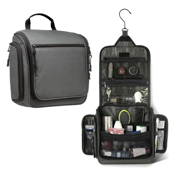 Trousse de toilette suspendue grise avec poches zippées et rangements pour accessoires de toilette.