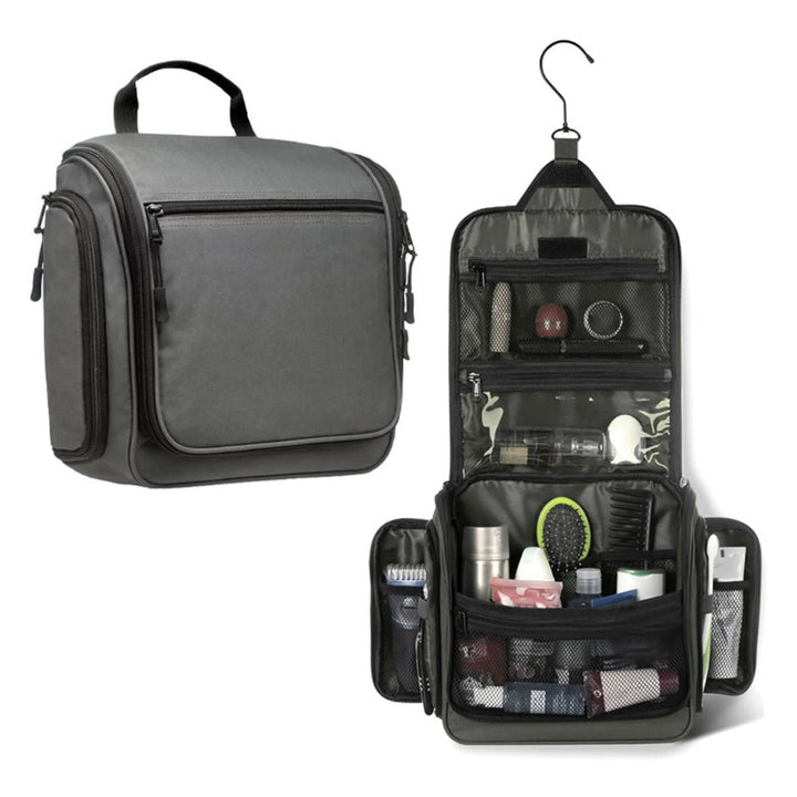 Trousse de toilette suspendue grise avec poches zippées et rangements pour accessoires de toilette.