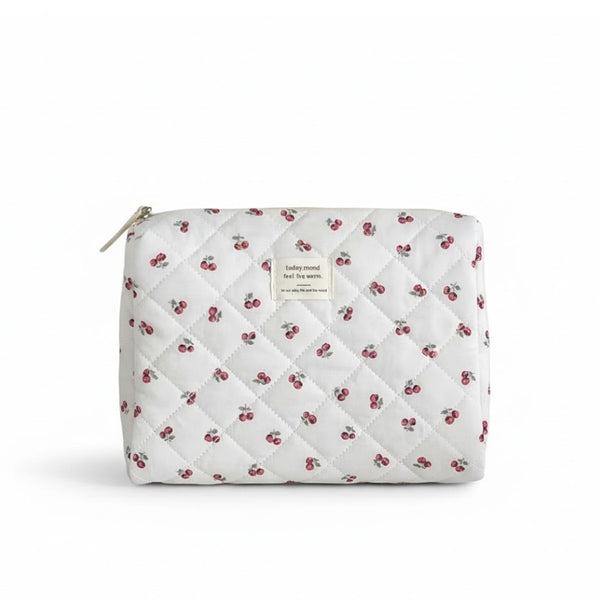 Grande trousse de toilette Cerise Today Mood tissu matelassé blanc et rouge