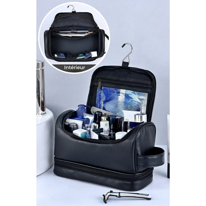 Trousse de Toilette Homme Cuir à Suspendre, intérieur avec poches
