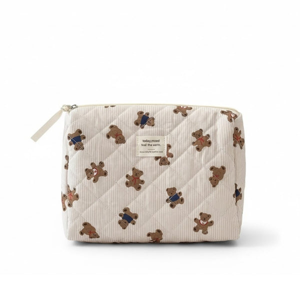 Grande trousse de toilette Ourson Today Mood en tissu matelassé beige à rayures