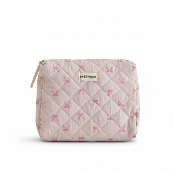 Trousse de toilette Rose Pâle matelassée motif nœuds, format grand