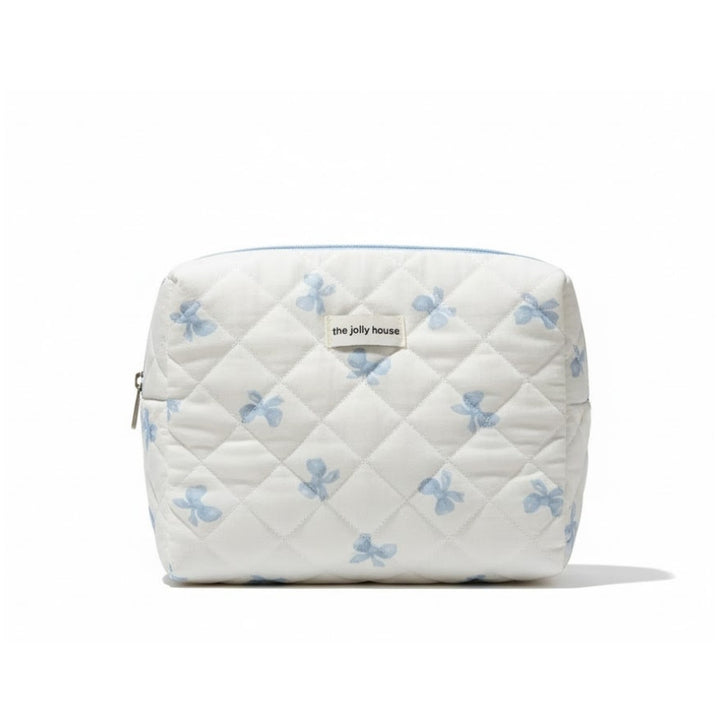 Grande trousse de toilette tissu matelassé blanche à motifs nœuds bleus