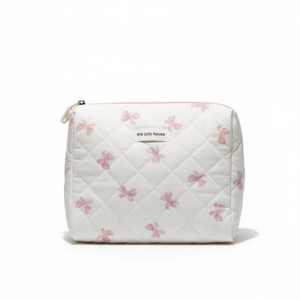 Grande trousse de toilette tissu matelassé blanche à motifs nœuds roses