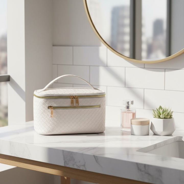 Vanity Bag - Modèle Femme, Voyage & Maquillage - beige, poser sur un vasque avce miroir rond doré