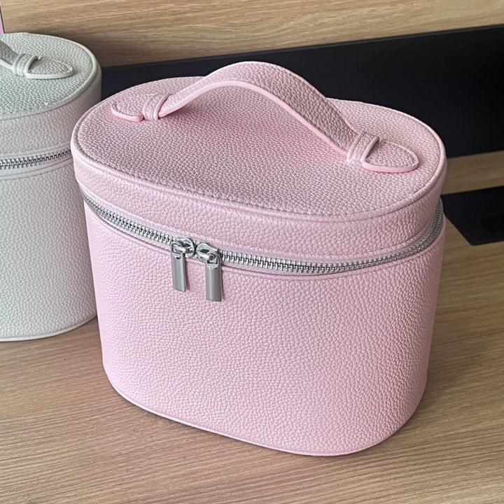 vanity case avec compartiments rose pour femme en cuir PU végan, idéal pour les voyages