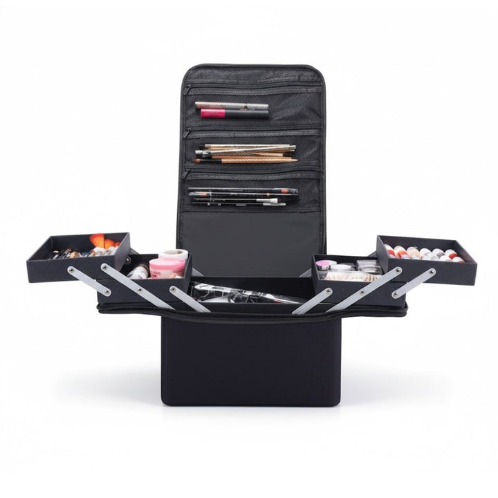 Vanity Case Maquillage noir ouvert avec compartiments escamotables pour produits de beauté